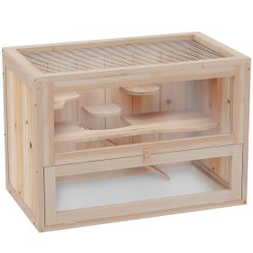 2-Tier Hamster Habitat Openable Top Front Door Shelf Ladder Stable Fir Wood Frame Nature Wood